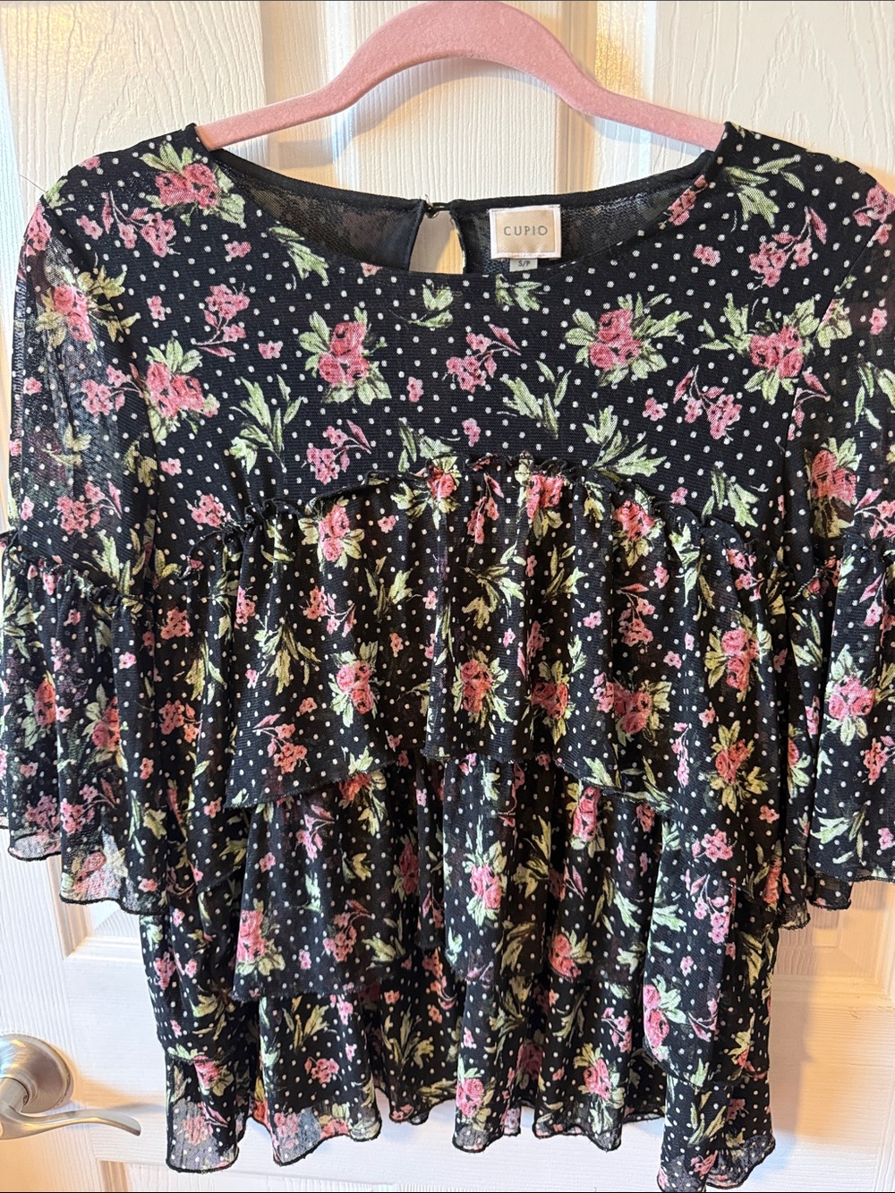 Cupio Black Floral Tiered Ruffle Blouse